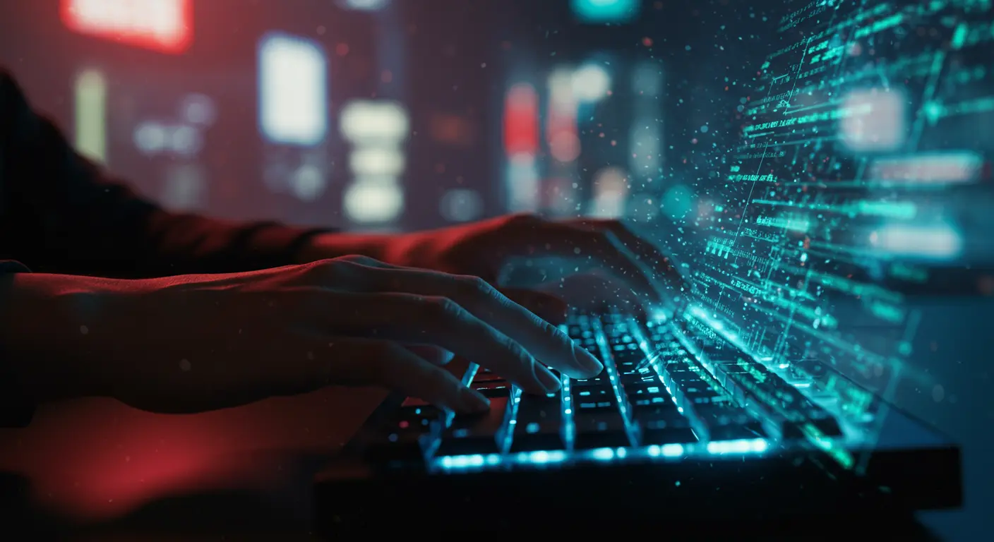 Hands typing rapidly on a glowing keyboard with digital code and data streams emanating from the keys, symbolizing speed, efficiency, and advanced technology.