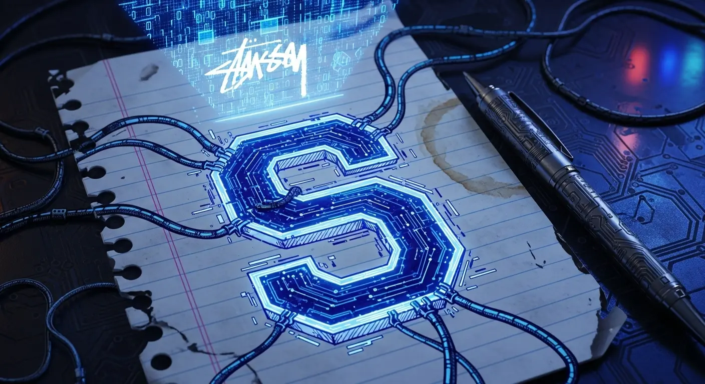A hand-drawn doodle of the iconic Stussy S, or 'Cool S', in blue ink on a piece of lined notebook paper, evoking middle school nostalgia.