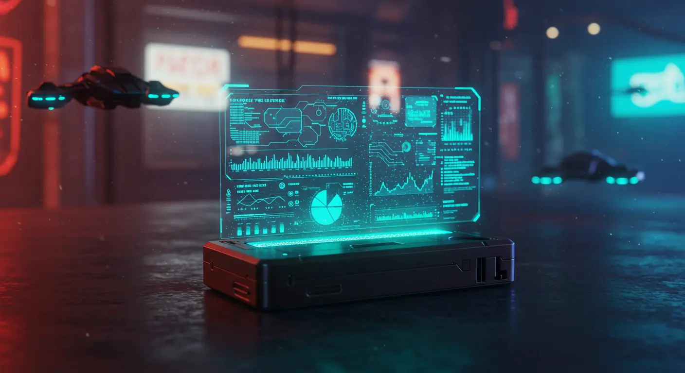 Futuristic AI gadget with projected interface, embodying the Humane AI Pin and the new wave of standalone AI devices.