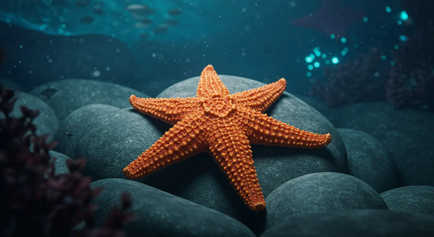 An intricate, vibrant orange starfish resting on smooth, grey underwater rocks, symbolizing a calm, unburdened existence in contrast to human existential dread.