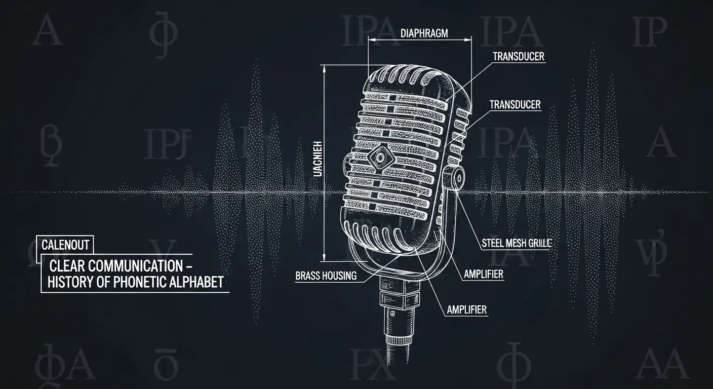 A vintage radio microphone against a dark background, symbolizing clear communication and the history of the phonetic alphabet.