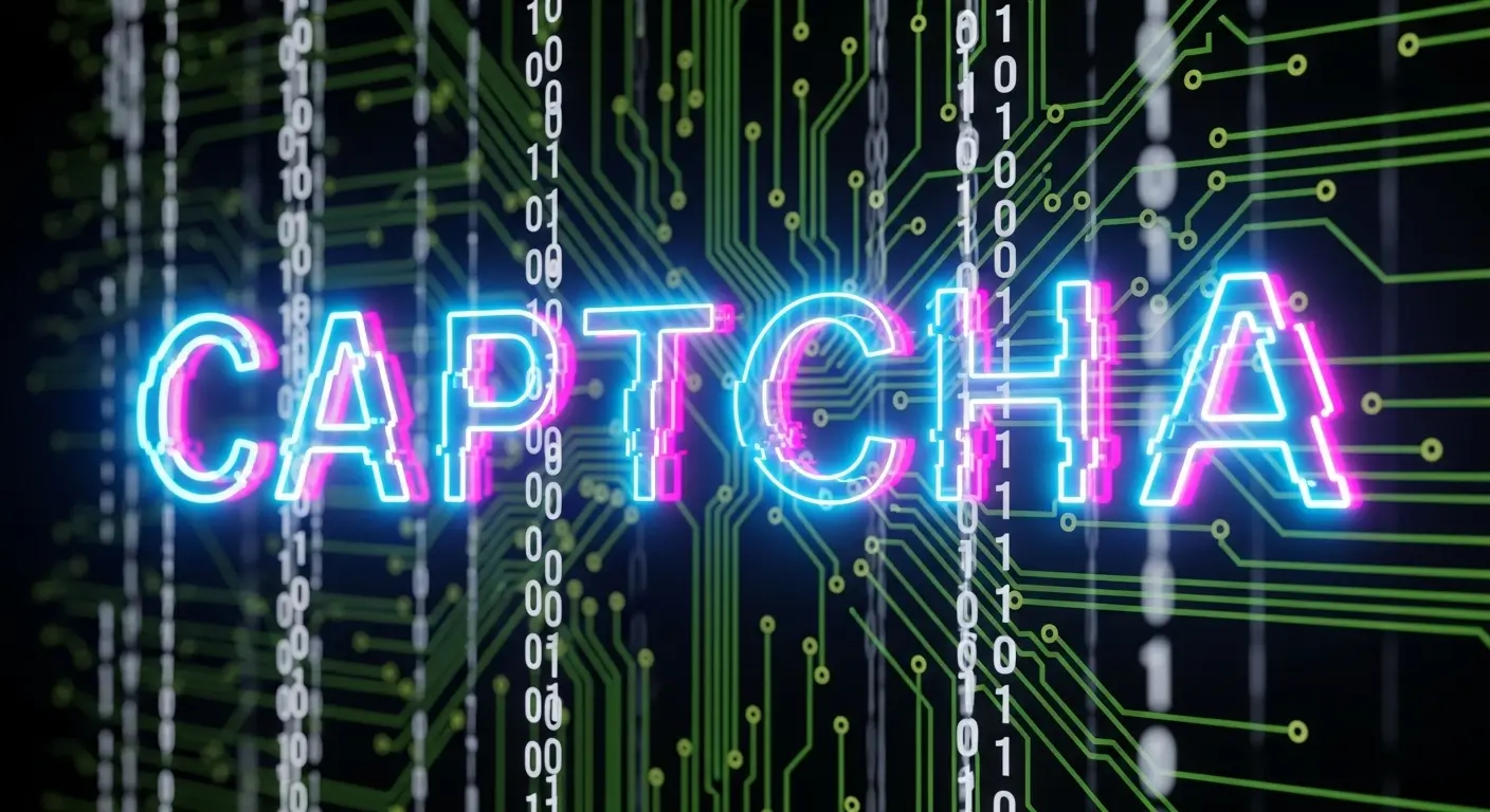 An artistic rendering of a classic distorted text CAPTCHA glowing on a dark screen, with binary code and circuit board patterns in the background, symbolizing the test between human and machine.