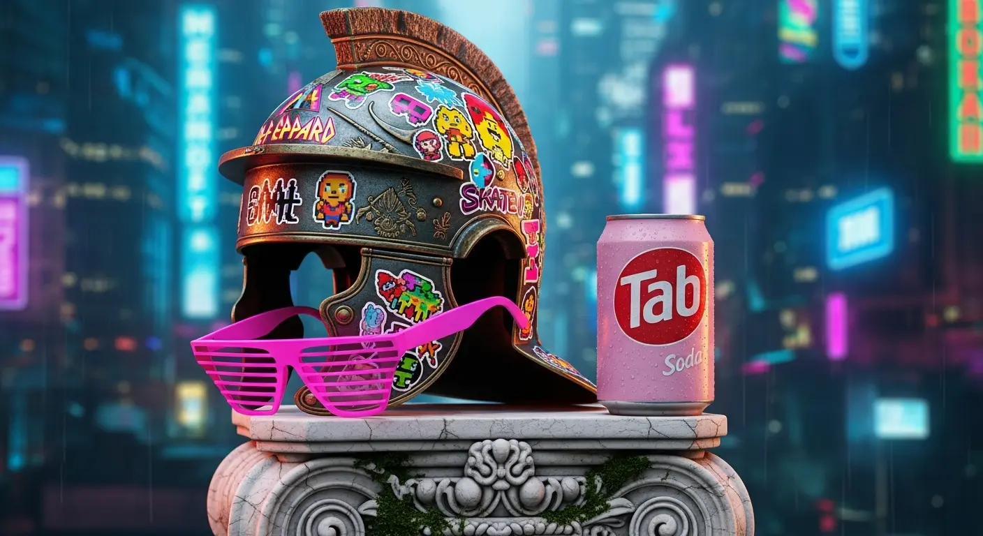 A Roman centurion's helmet covered in colorful 80s stickers and a pair of neon pink sunglasses, sitting next to a Tab soda can on a marble column.