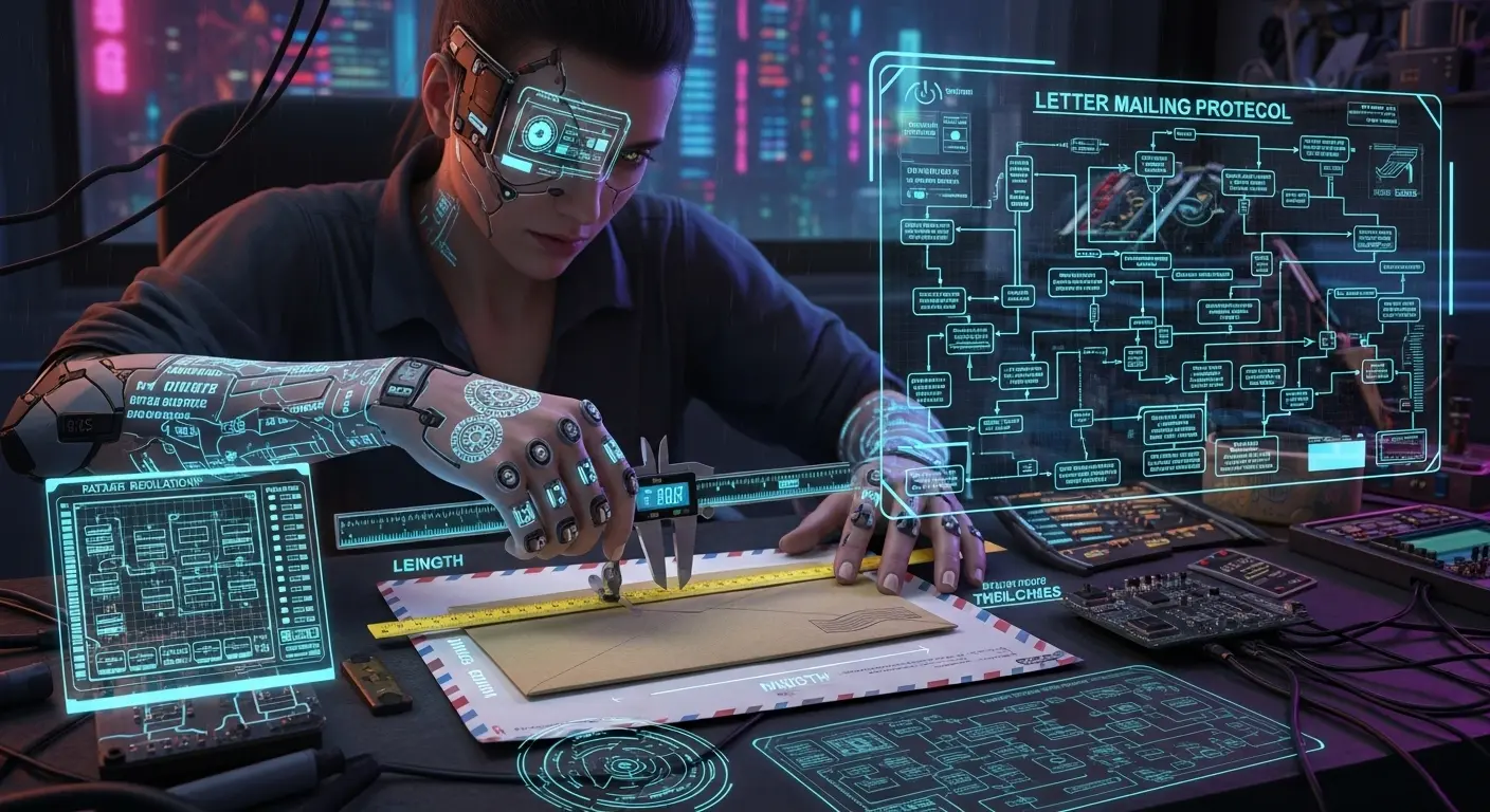 A person meticulously measuring an envelope with a ruler and calipers on a desk covered in complex diagrams and charts, illustrating the absurd process of how to mail a letter.