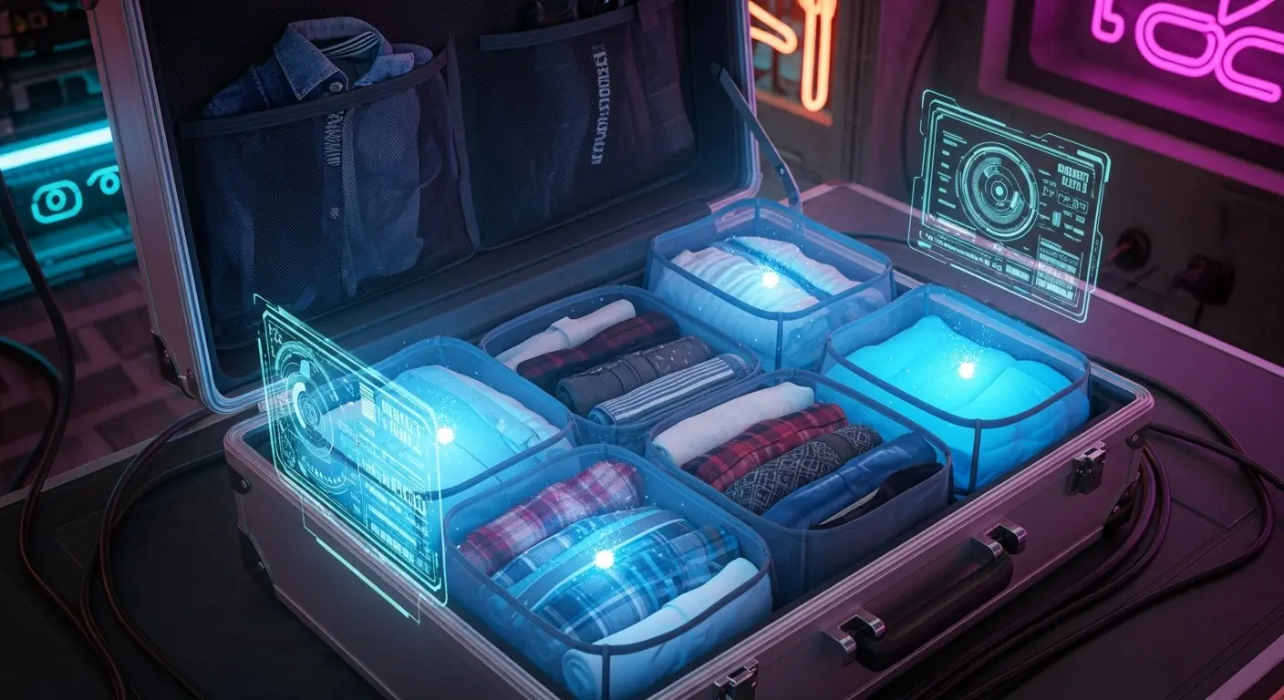 An open suitcase with clothes neatly organized using a combination of rolling techniques and blue packing cubes, demonstrating efficient packing methods.