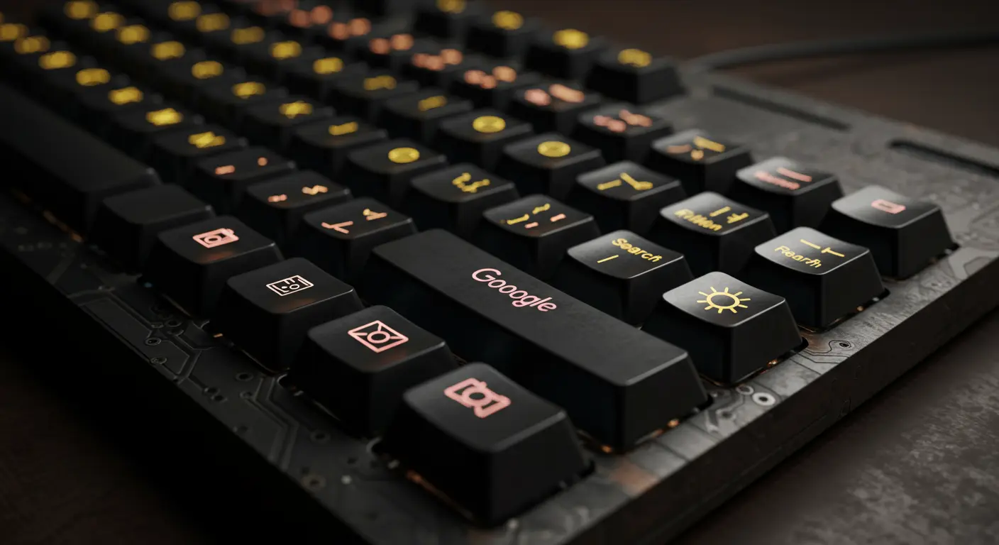 Stylized futuristic keyboard with glowing buttons representing Google search operators.