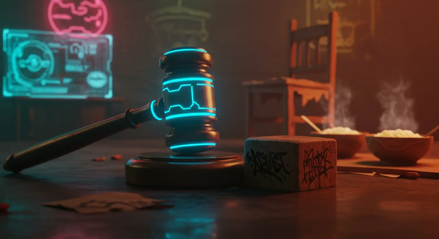 Stylized illustration of a judge's gavel striking a block, alongside a broken chair and three bowls of porridge, suggesting a legal ruling on the Goldilocks story.