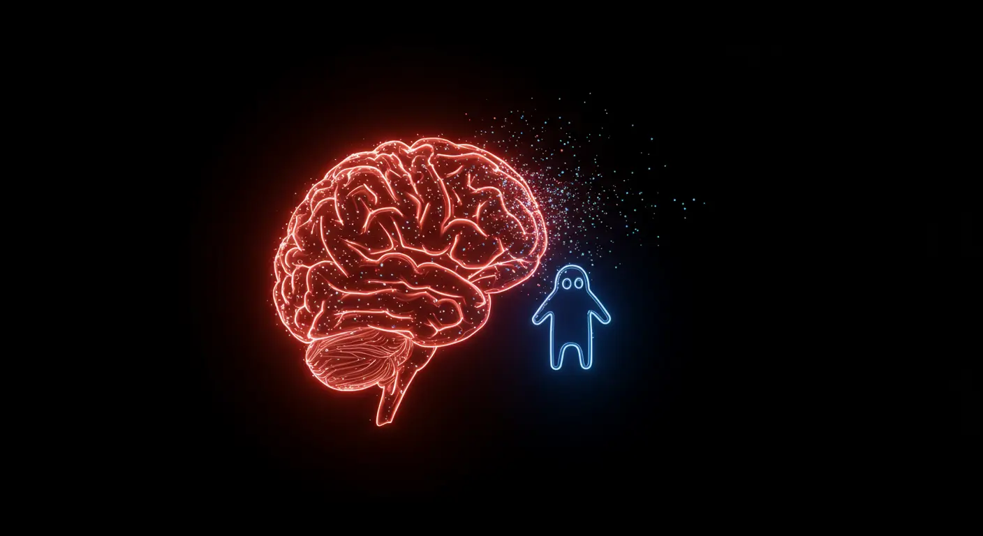A stylized, glowing brain icon with digital particles swirling around it, representing a computer's memory being refreshed or cleared. A small, transparent ghost-like figure is dissipating from the brain.