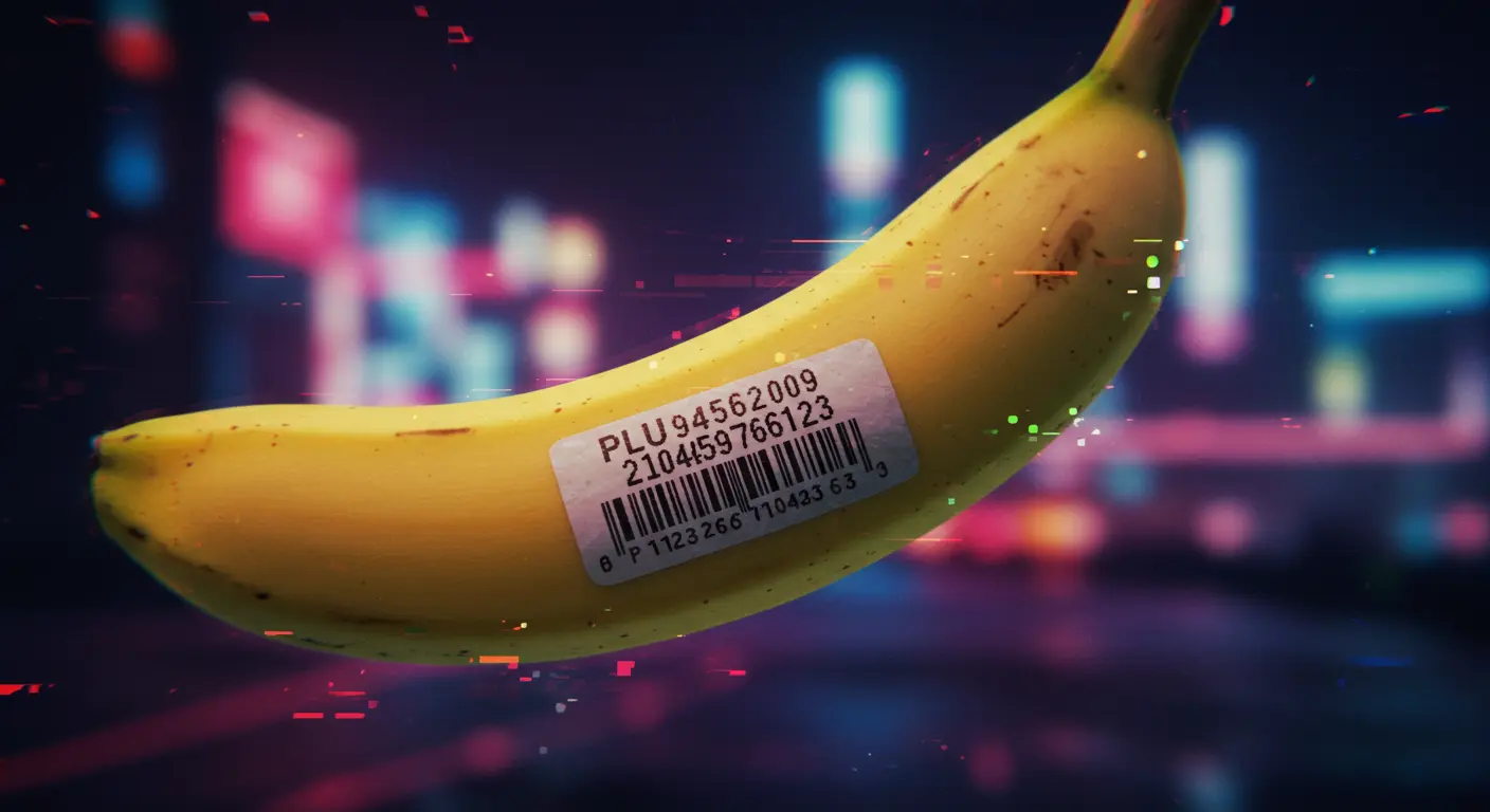 Close-up of a banana sticker with a visible PLU code, highlighting the numerical system for produce identification and pricing.