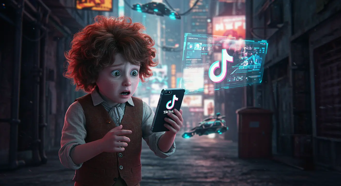 Bewildered Victorian child holding a smartphone, looking utterly confused by a TikTok video.