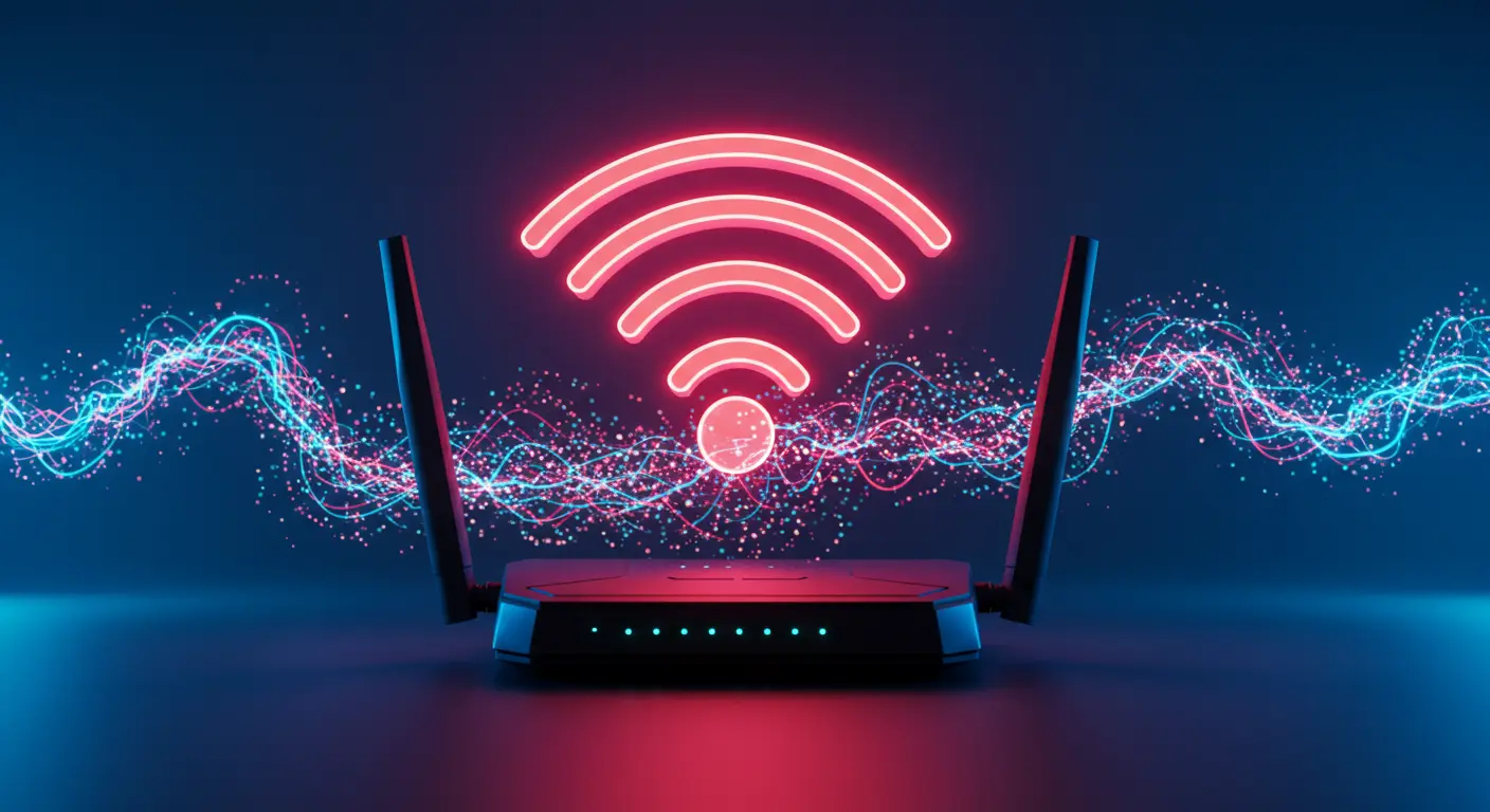 Wi-Fi connectivity: Glowing symbol above router with abstract data streams.