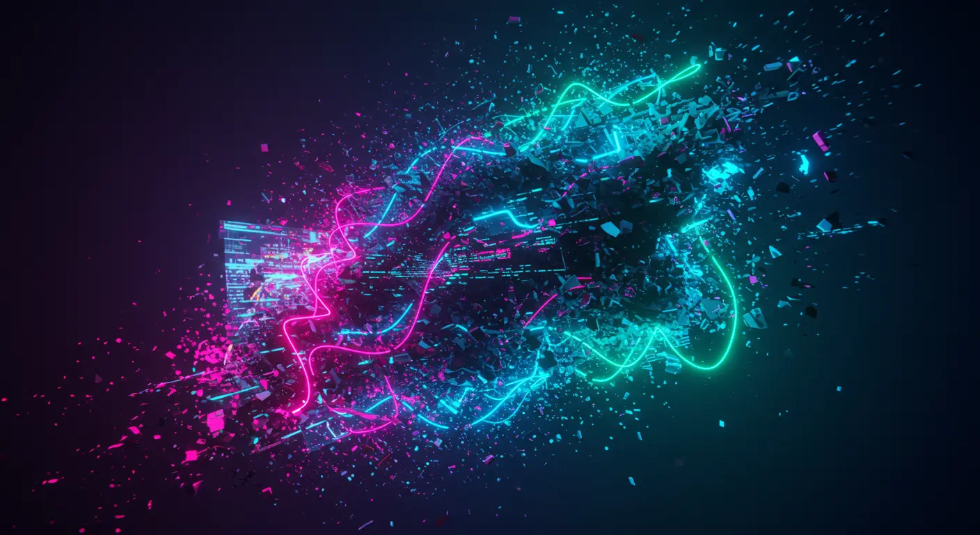 Stylized abstract graphic depicting digital data and subtle code lines transforming into an image.
