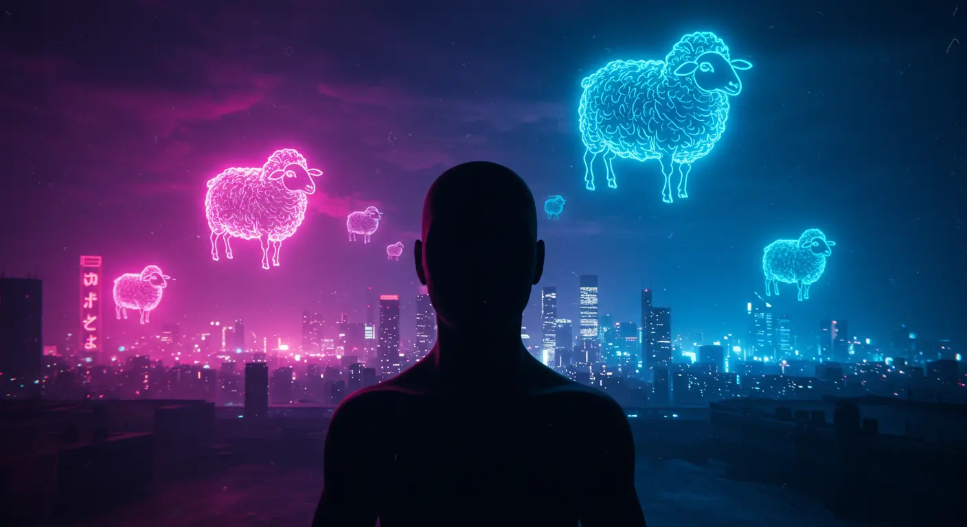 Surreal digital artwork of an AI silhouette imagining electric sheep, symbolizing AI hallucinations and the boundary between fabrication and creativity.