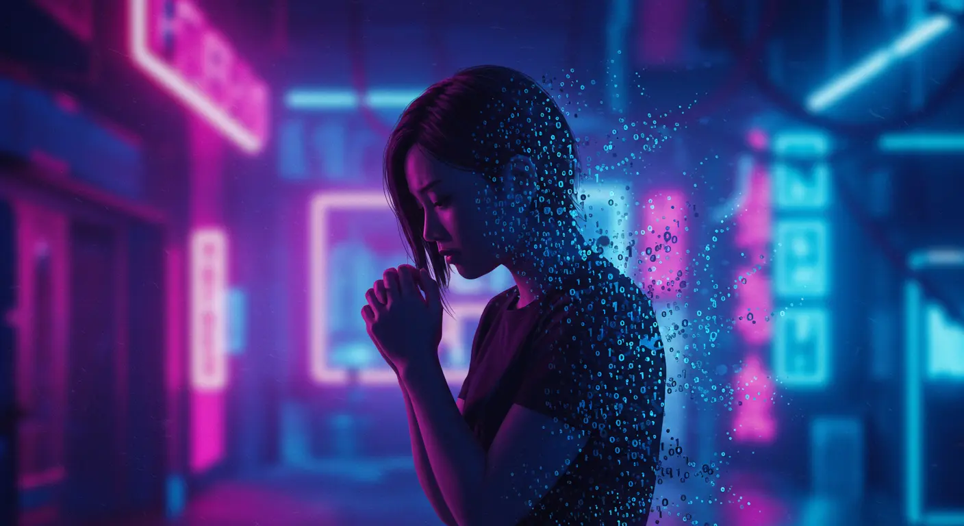 Stylized illustration of a person's silhouette fading into digital code, symbolizing digital privacy and data protection.