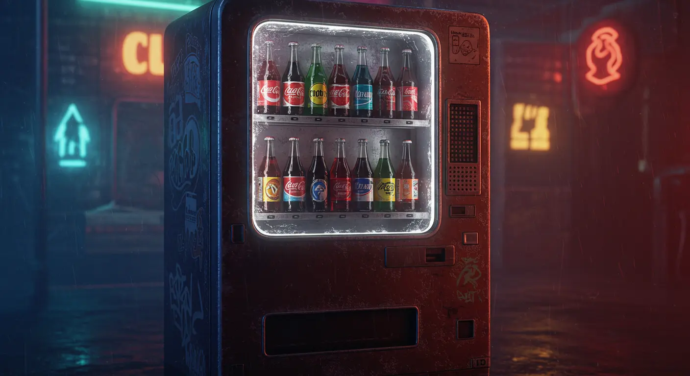 Vintage vending machine with colorful soda bottles displayed behind glass.