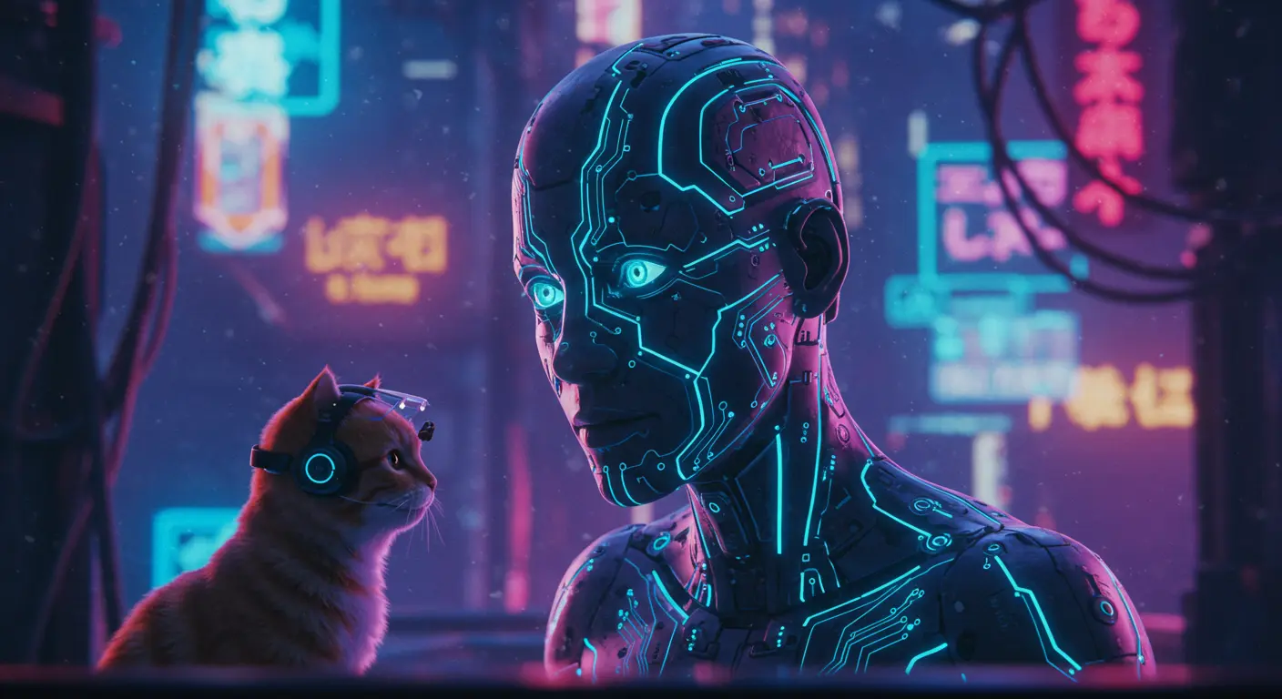AI robot with glowing circuits curiously observes a cat wearing a tiny headset.