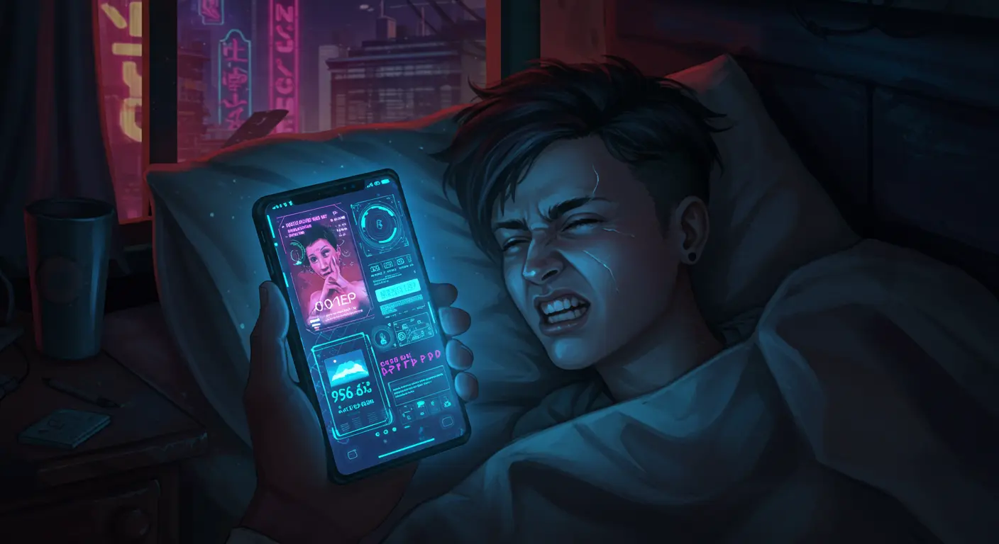 A person tossing and turning in bed, face illuminated by a bright smartphone screen.
