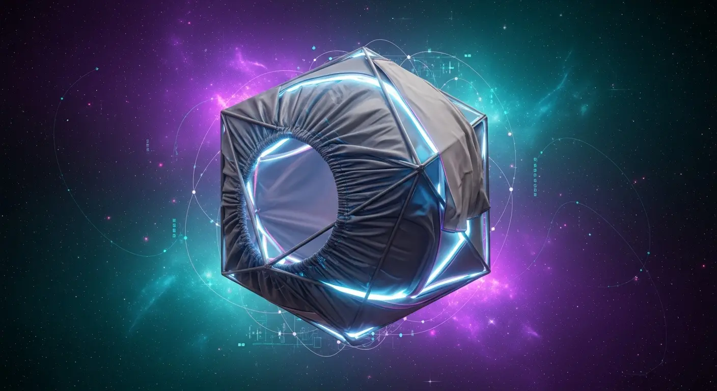 An abstract, artistic depiction of a fitted sheet folding itself into a complex, multi-dimensional geometric shape against a cosmic background, symbolizing a journey of questioning reality.