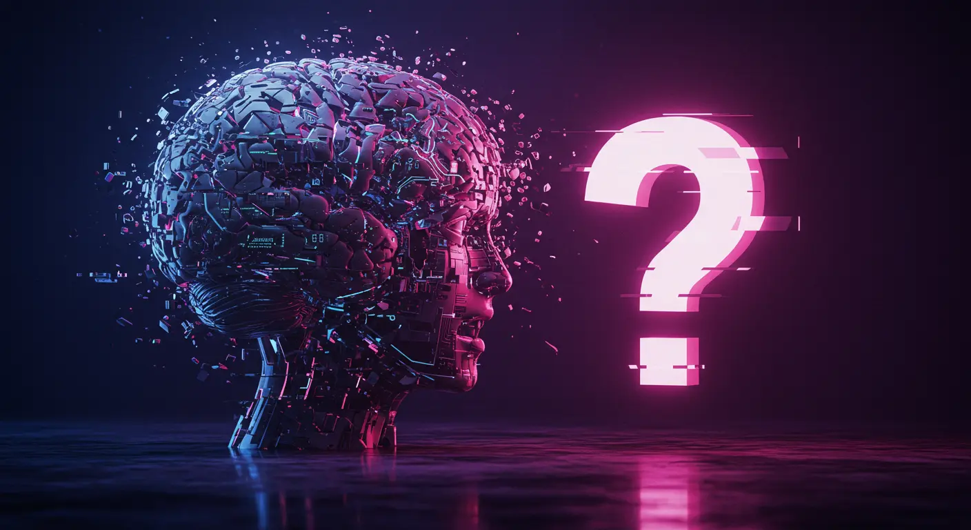 Abstract image of a glitchy AI brain in conflict with a question mark, symbolizing digital chaos and an artificial intelligence query.
