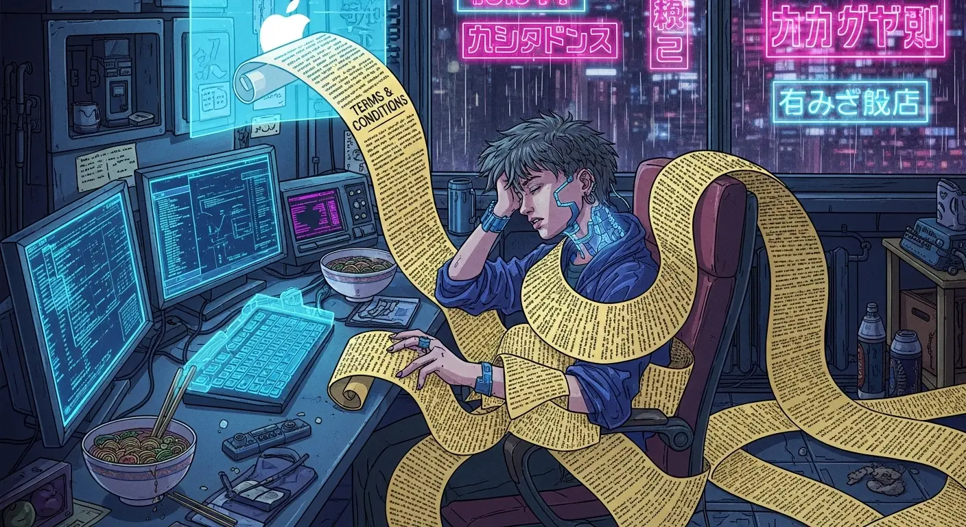 An illustration of a person looking overwhelmed while a ridiculously long scroll of paper representing the iTunes terms and conditions wraps around them and their desk.