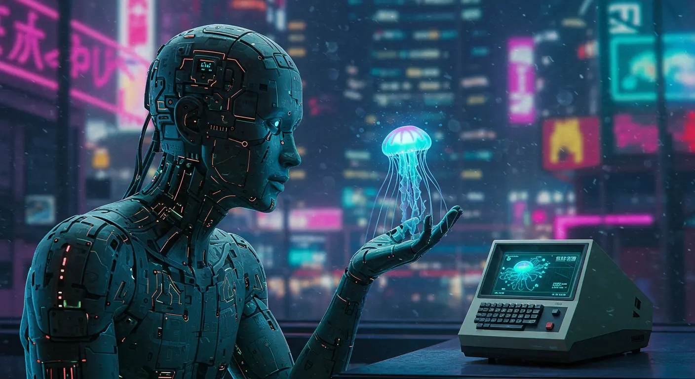 Artificial intelligence observing a digital artwork depicting a glowing jellyfish and a retro modem.