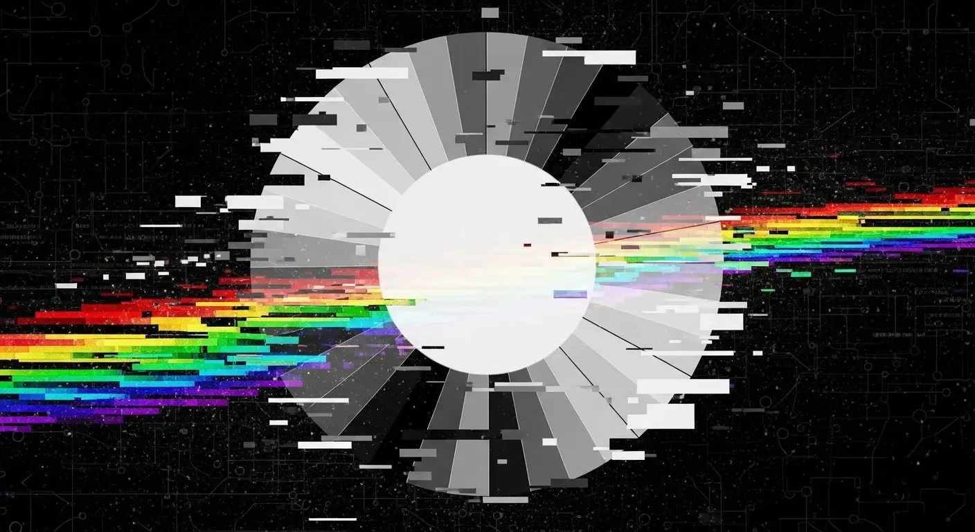 An abstract digital art piece showing a grayscale color wheel glitching into a faint rainbow, symbolizing the conflict between pure data and the simulation of AI and emotions.