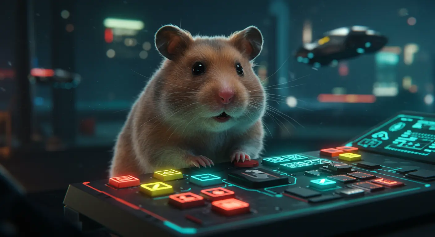 Cute fluffy hamster focused on a high-tech control panel with blinking lights.