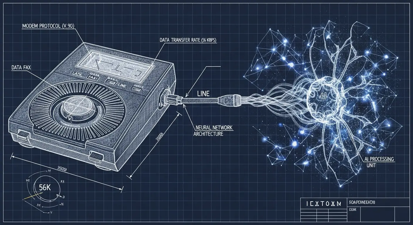 An artistic representation of an old dial-up modem connected to a modern neural network, symbolizing the concept of AI and nostalgia.