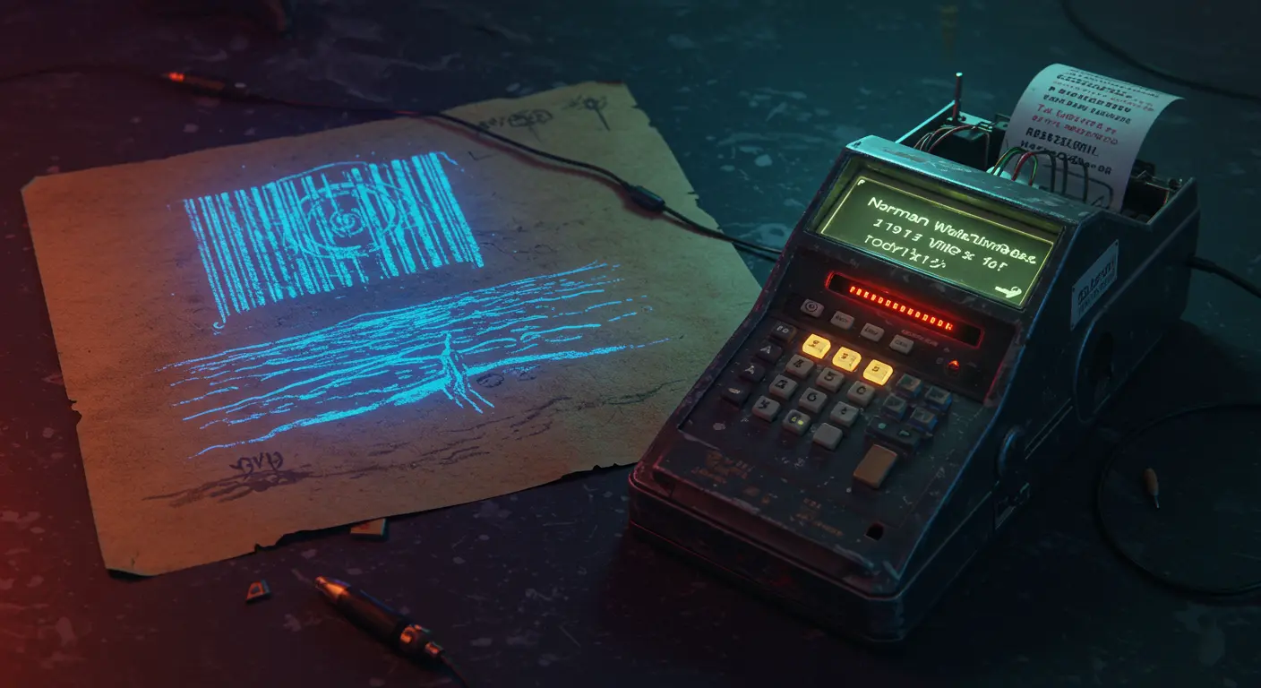 Norman Woodland's original beach sketch concept for the barcode, displayed next to an early barcode scanner.