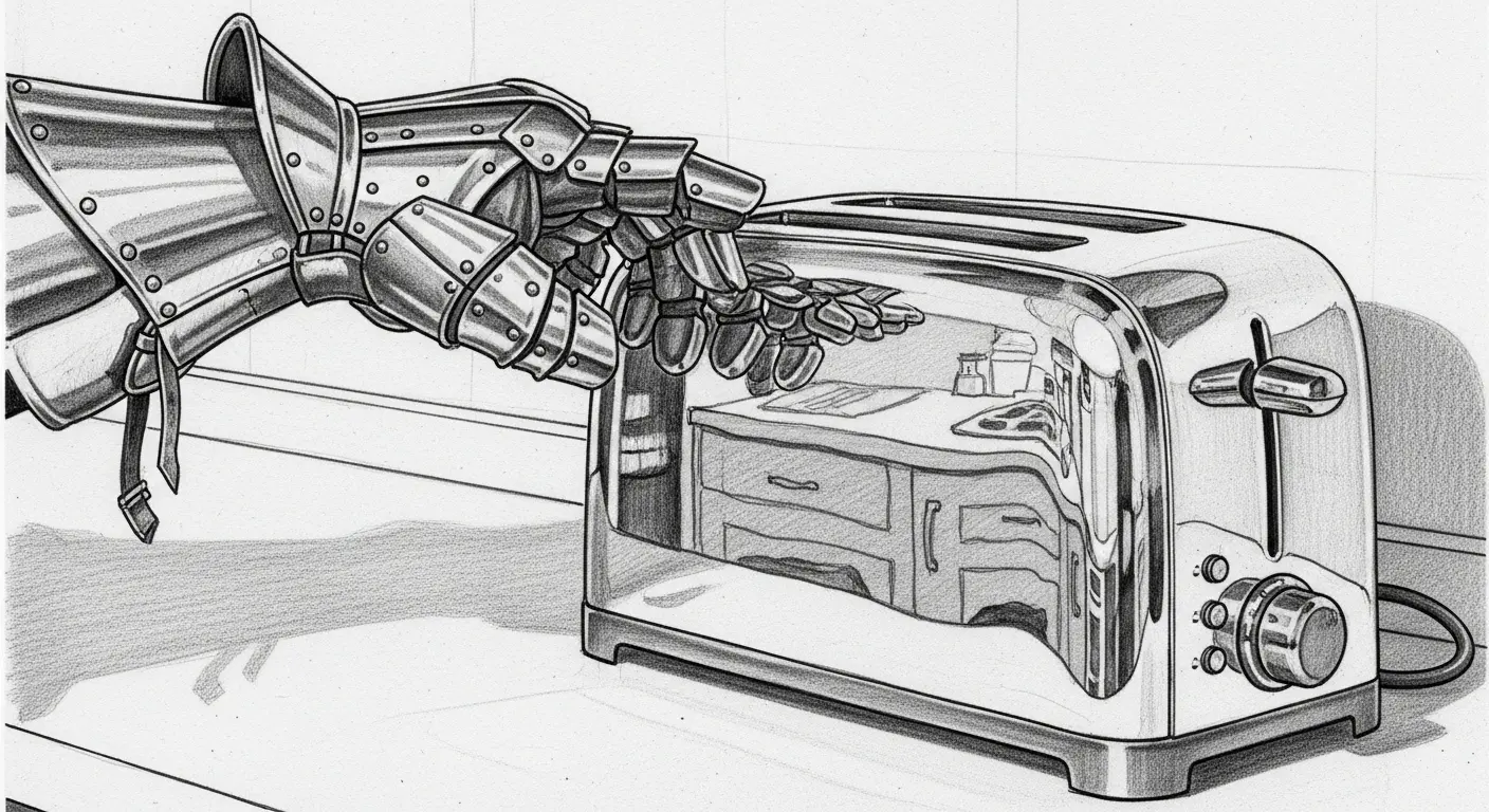 A shiny chrome toaster on a modern kitchen counter, with a knight's gauntlet cautiously pressing down the lever.