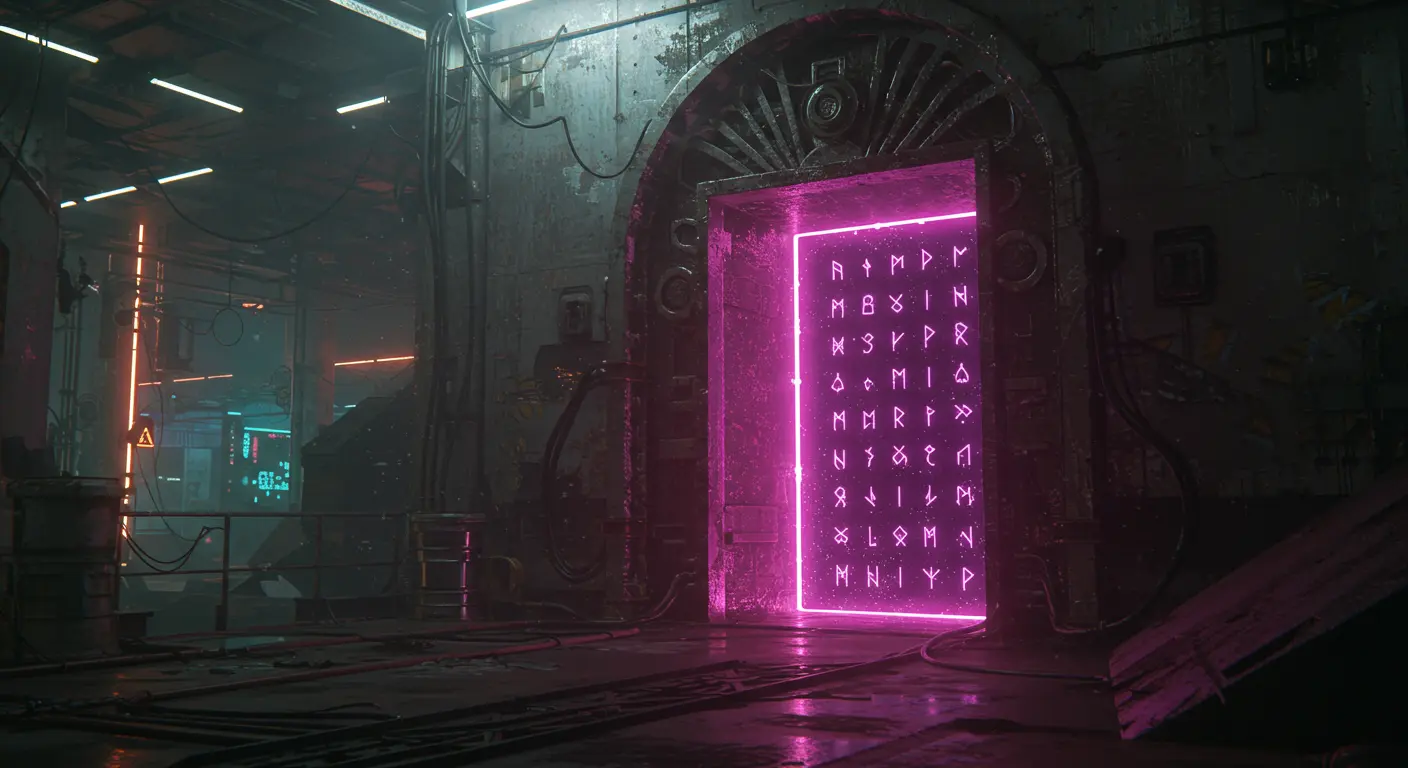 Glowing ancient runic doorway, symbolizing secure digital access and strong password protection.