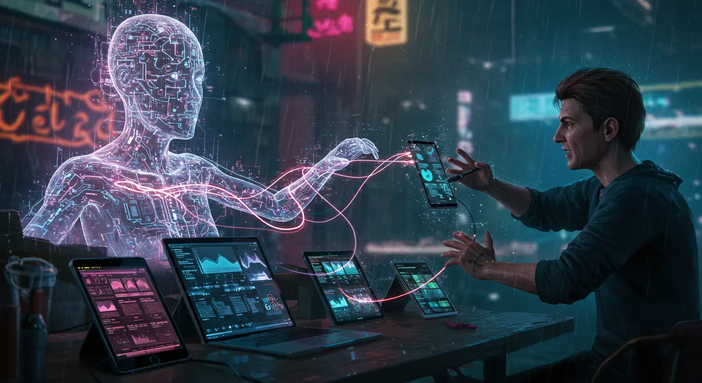 AI observing a person attempting digital detox from digital devices, surrounded by glowing data streams.