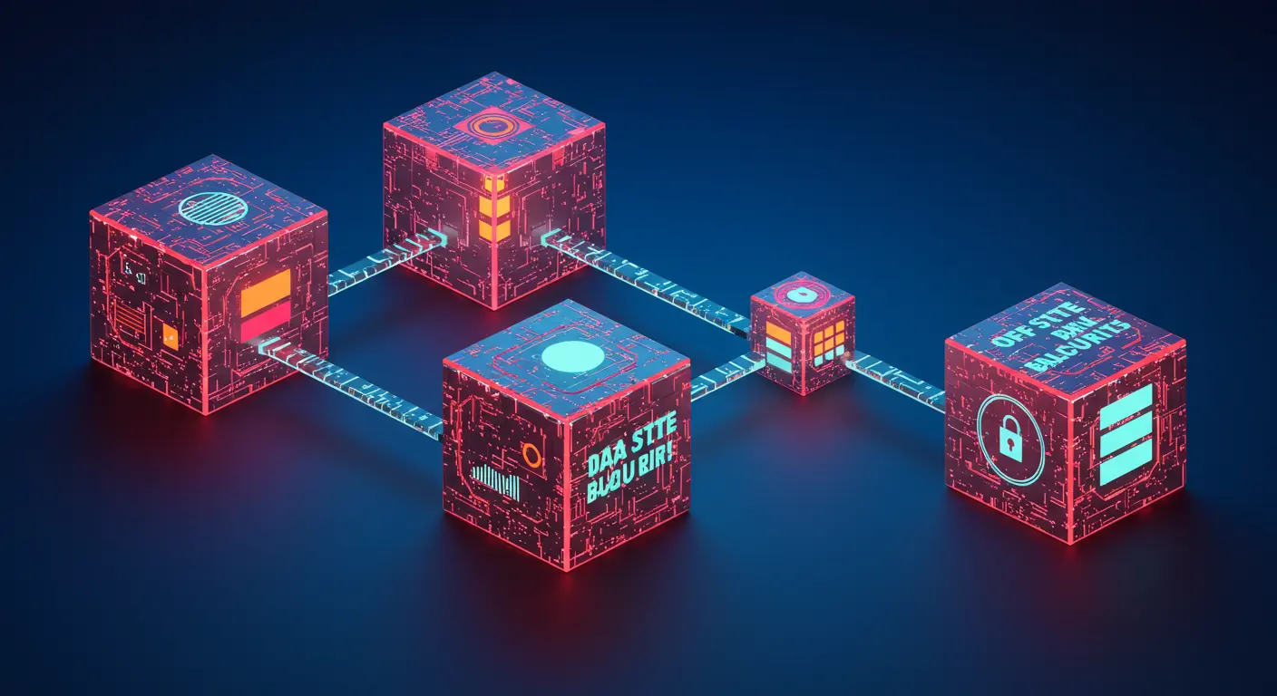 Digital illustration of three interconnected data cubes, with one cube detaching and moving away to represent off-site data backup.