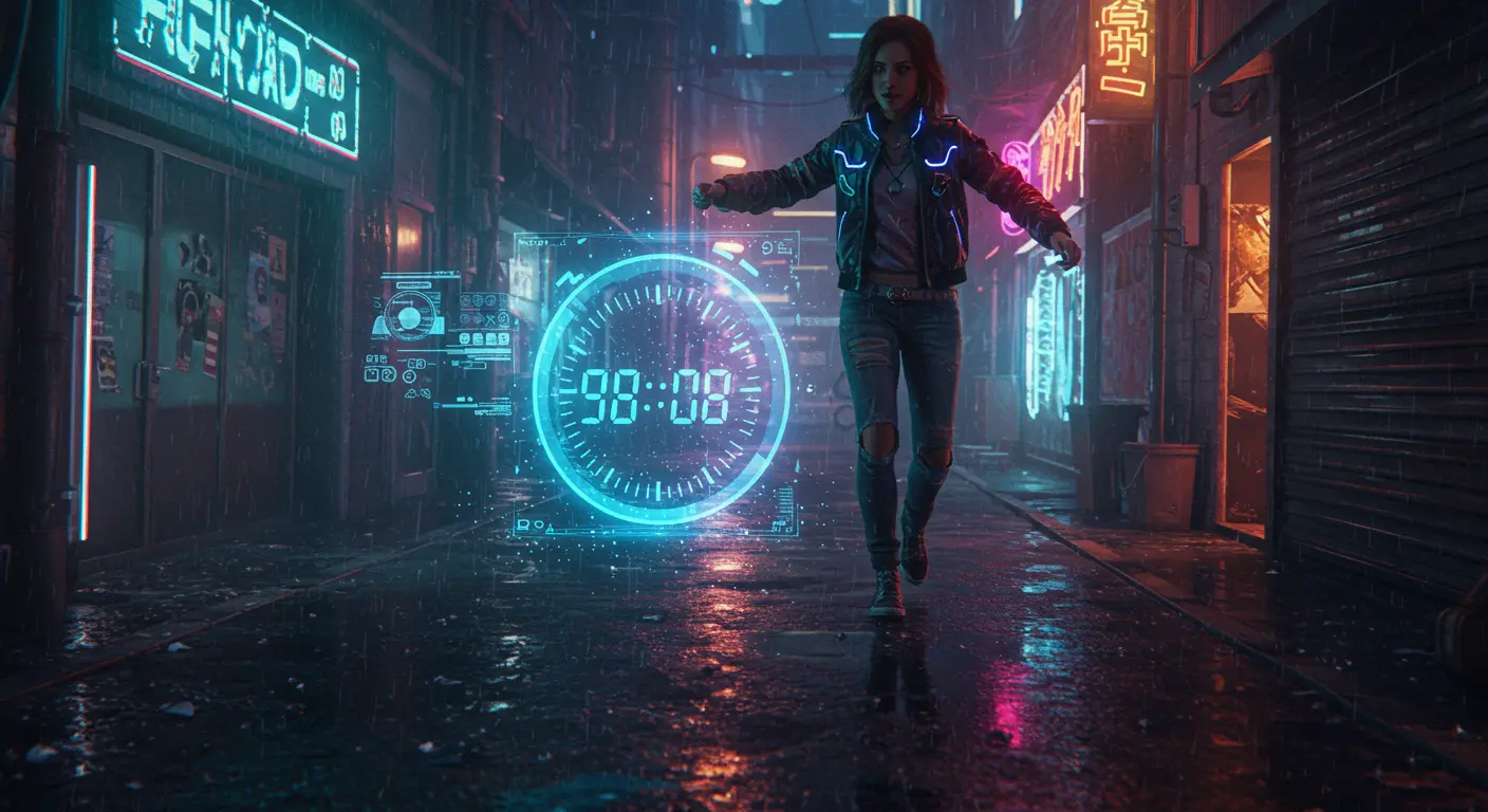 A person taking a bold step forward with a glowing 5-second countdown timer, symbolizing the 5-Second Rule for overcoming hesitation and building confidence.