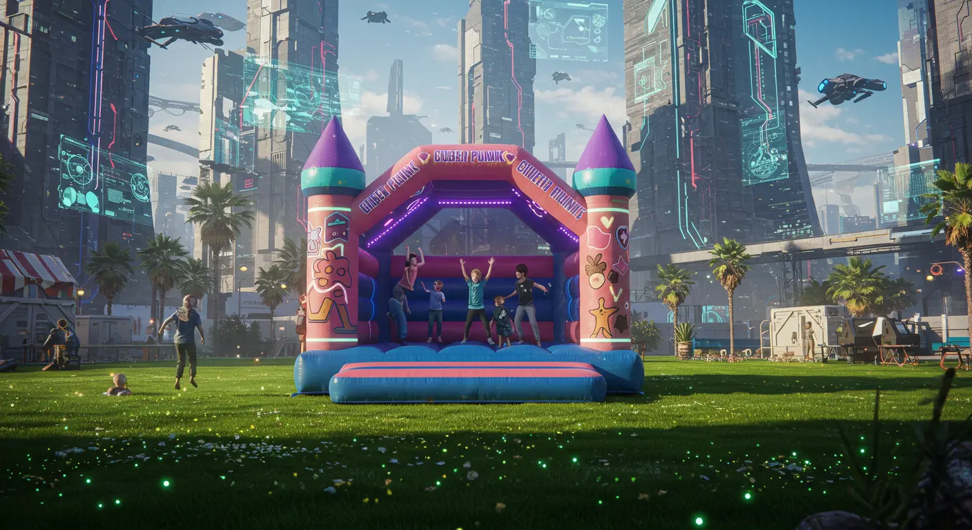 Children joyfully bouncing inside a vibrant, brightly colored inflatable bouncy castle on a green lawn.