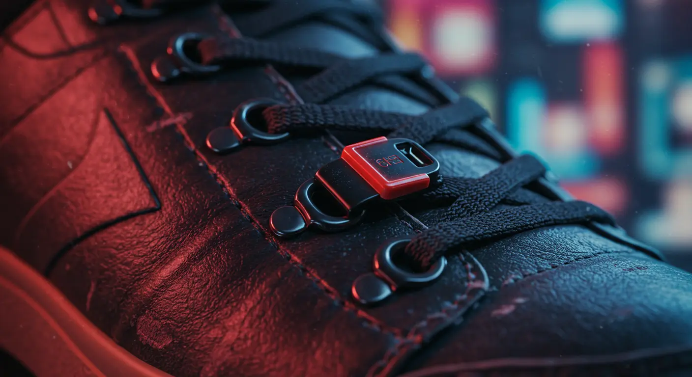Close-up of a shoelace aglet threaded through a leather shoe eyelet, demonstrating its protective function.