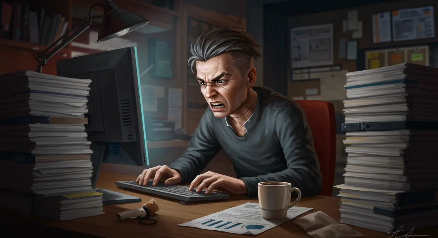 A person with a furrowed brow intensely staring at a computer screen, surrounded by stacks of documents and an empty coffee cup, depicting the act of looking busy at work.