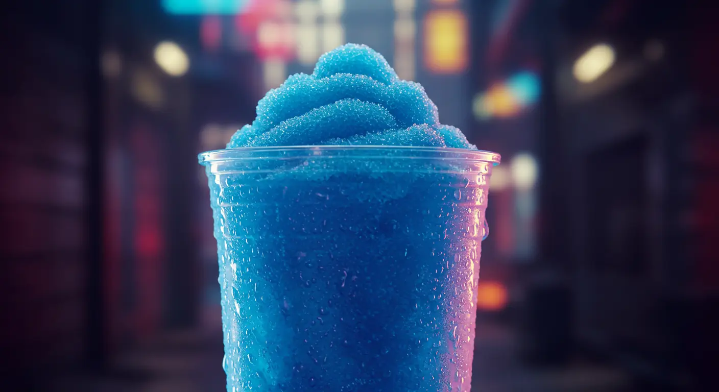 Close-up of a vibrant blue raspberry slushie with condensation dripping down the cup.