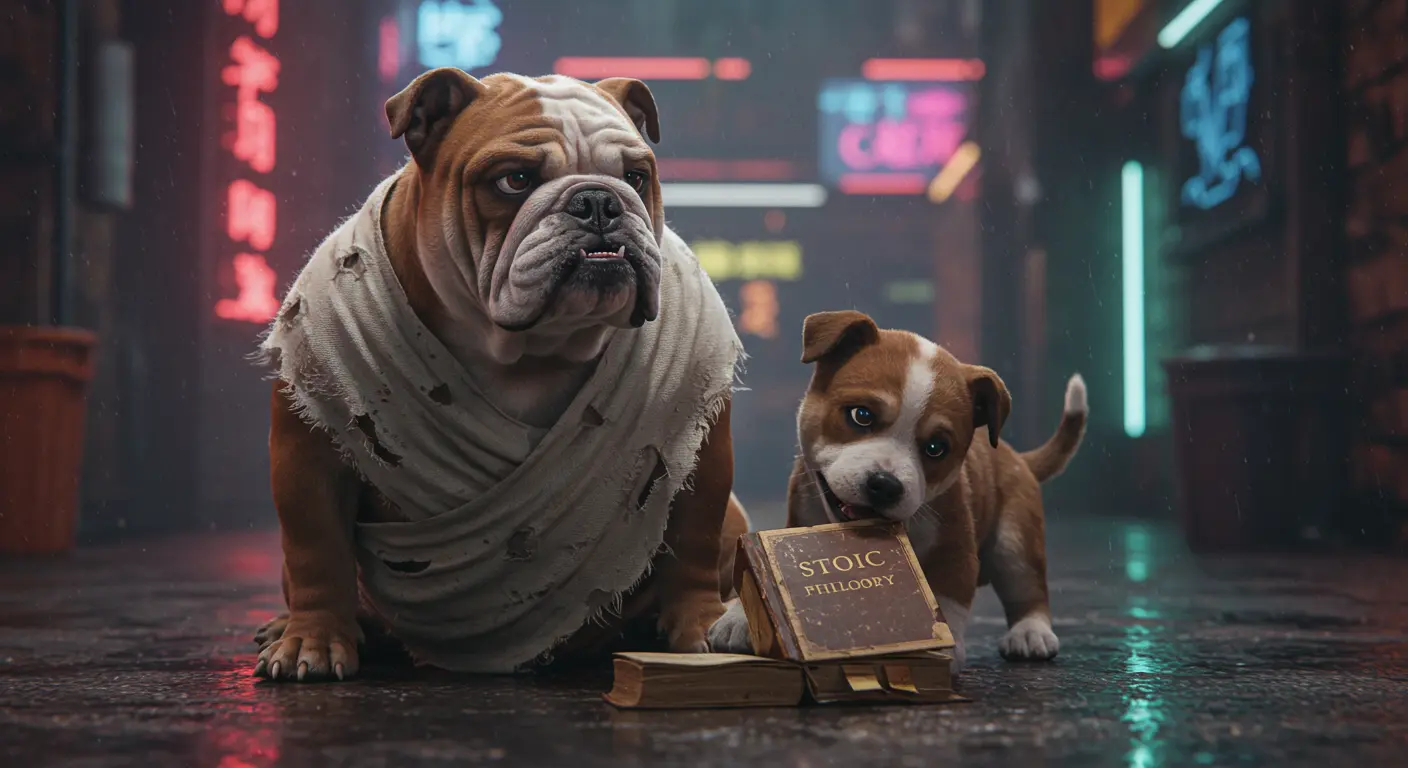 A wise bulldog in a toga calmly watches a playful puppy chewing on a Stoic philosophy book.
