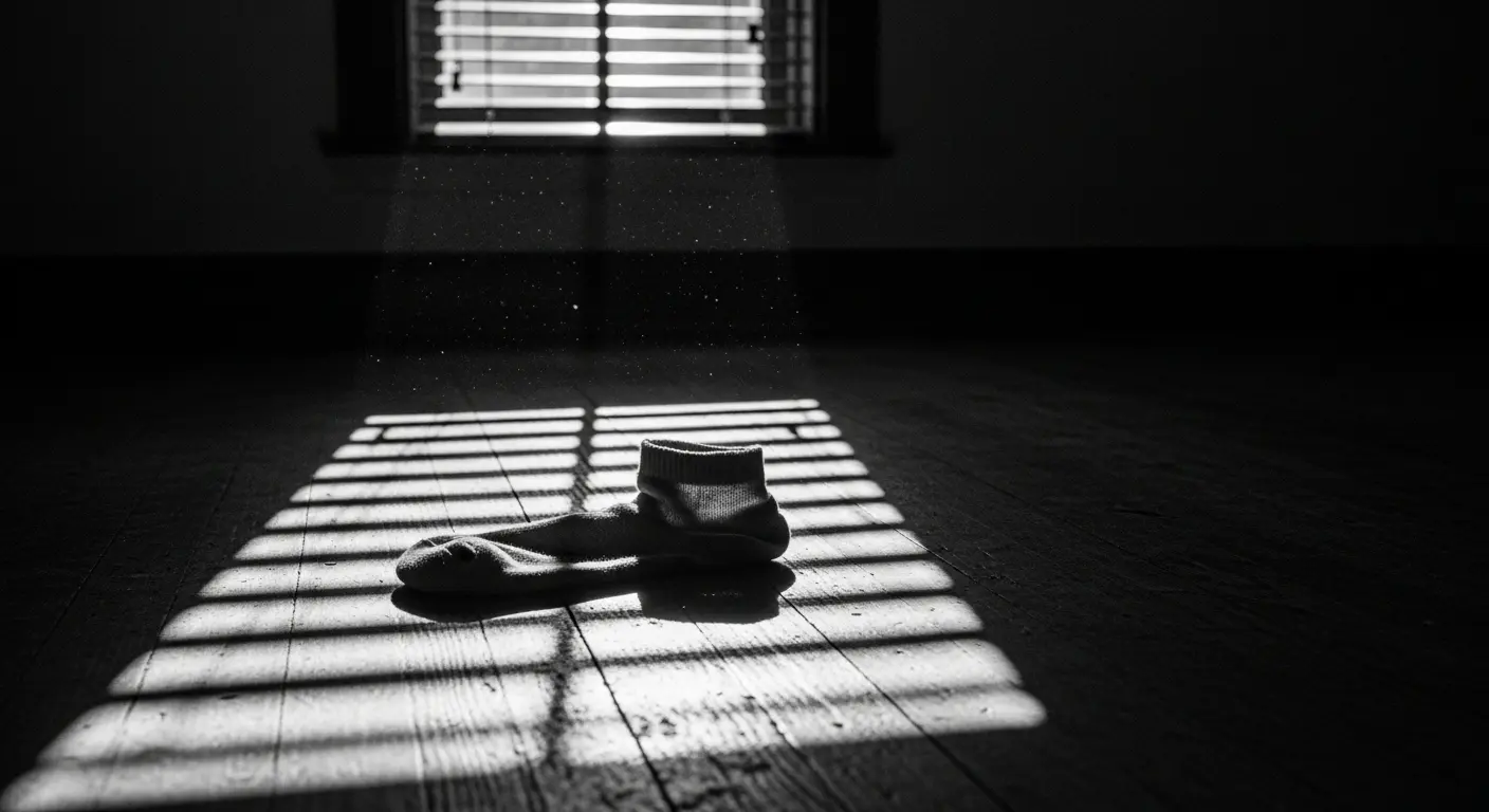 A single, sad-looking sock lying on a dark, gritty floor, illuminated by a sliver of light from a window with blinds, in the style of a black-and-white noir film.