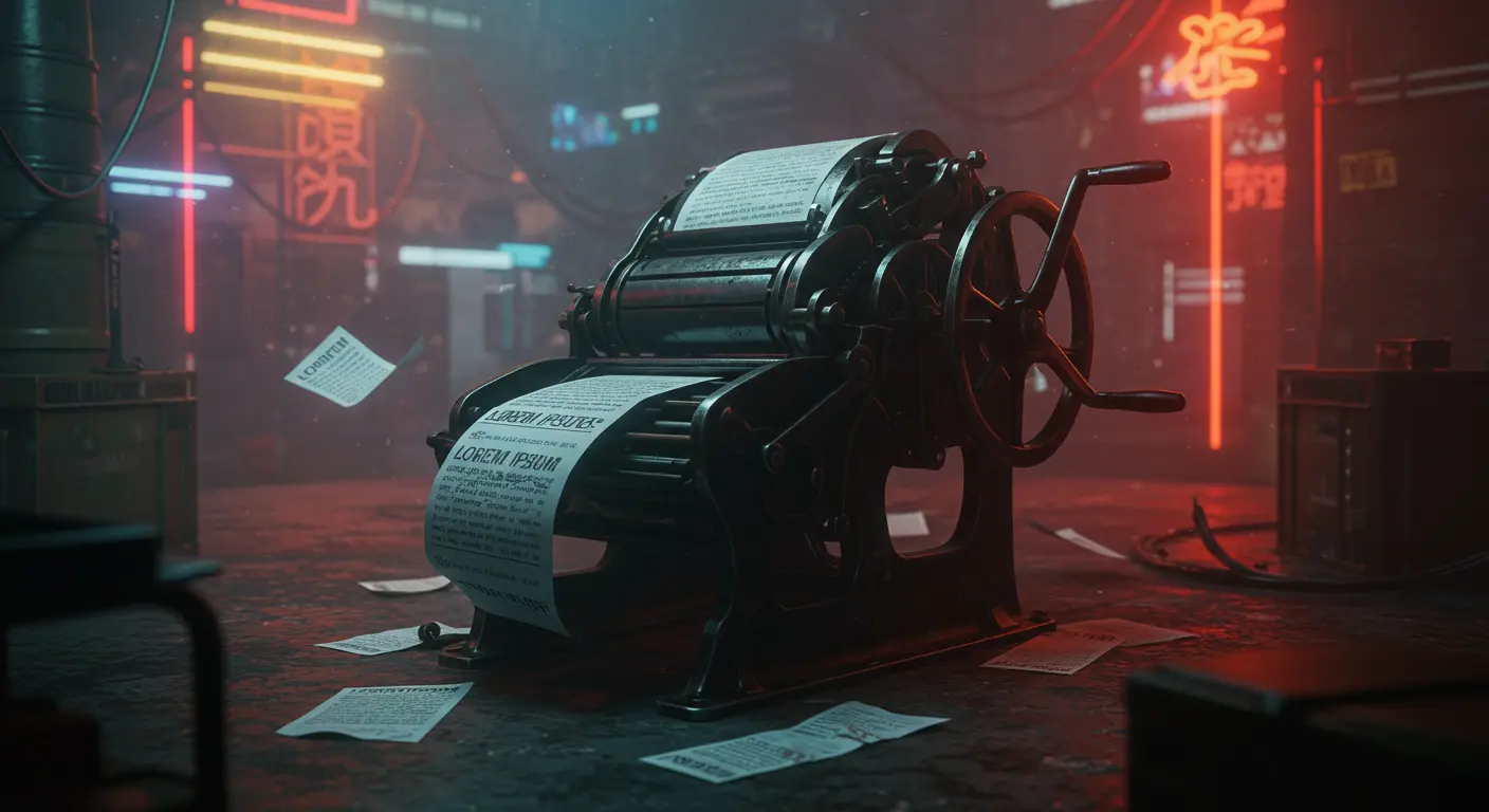 Vintage printing press with scattered sheets of paper featuring Lorem Ipsum text.