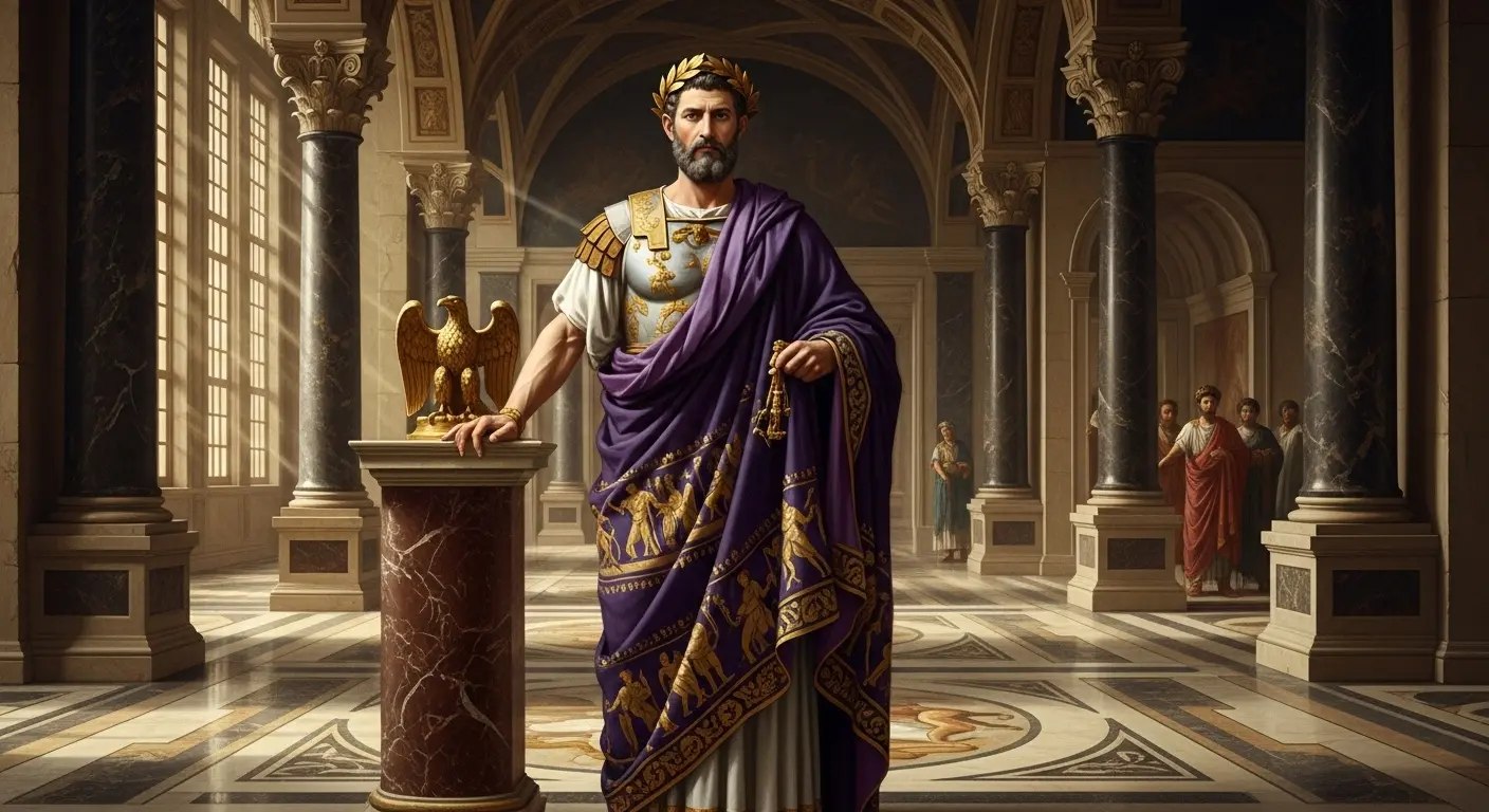 A majestic Roman Emperor stands in a grand marble hall, wearing an exclusive solid Tyrian purple toga picta, a powerful symbol of his supreme authority in Ancient Rome.