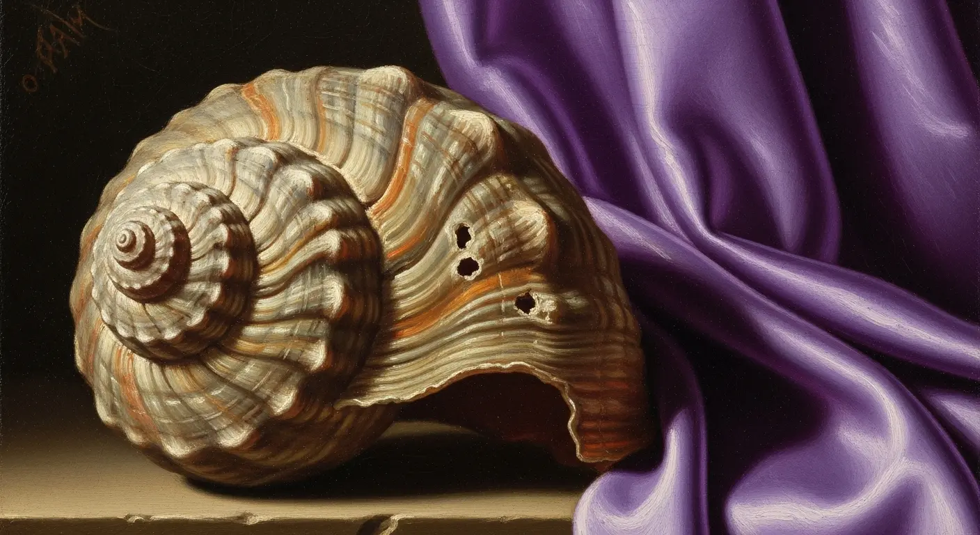 A close-up of a Bolinus brandaris sea snail shell, the source for the ancient history of Tyrian purple, beside a piece of luxurious purple fabric.