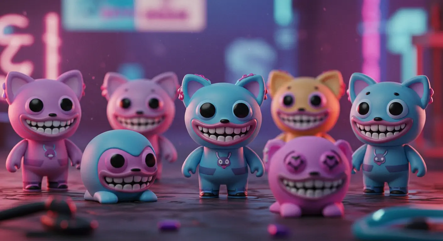 A collection of Labubu art toys by Pop Mart, featuring their signature mischievous grins and prominent teeth, representing the popular blind box collectible phenomenon.