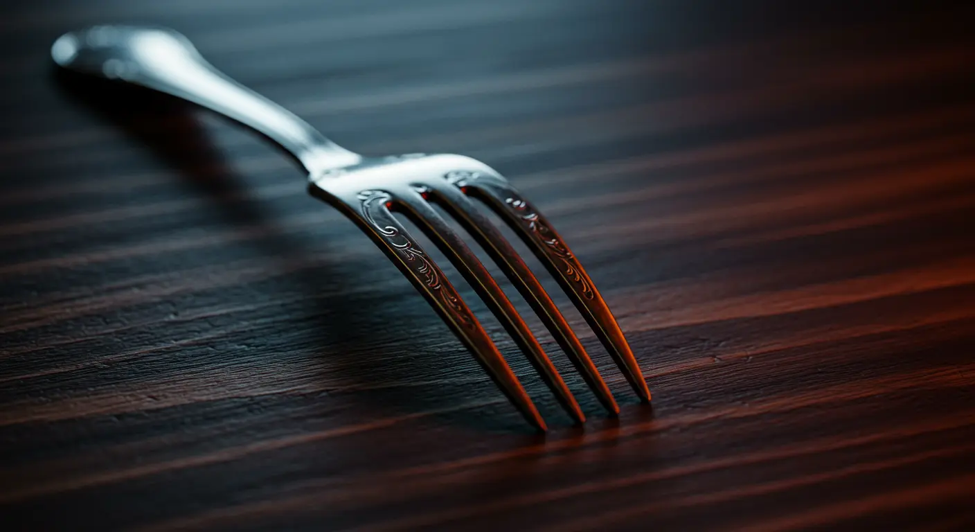 Close-up of an antique silver dinner fork with intricate detailing, resting on a dark wood table.