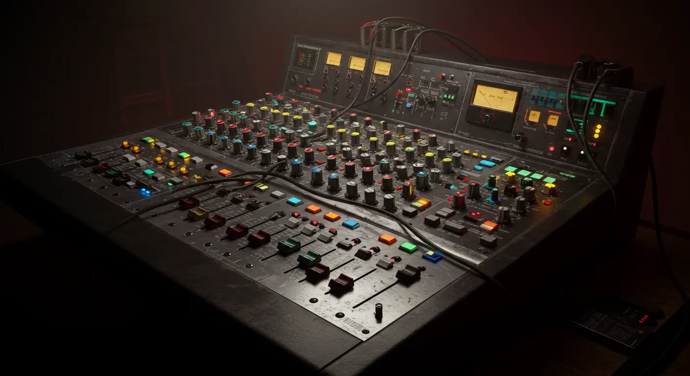 Vintage 'Laff Box' style sound mixer with numerous analog controls, knobs, and buttons.