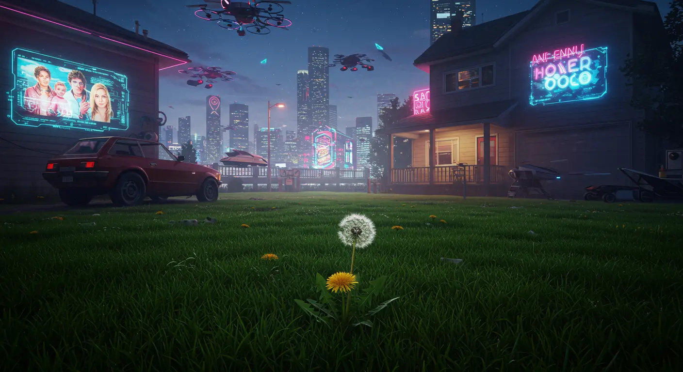 Perfectly manicured green suburban lawn with a solitary dandelion in front of a house.