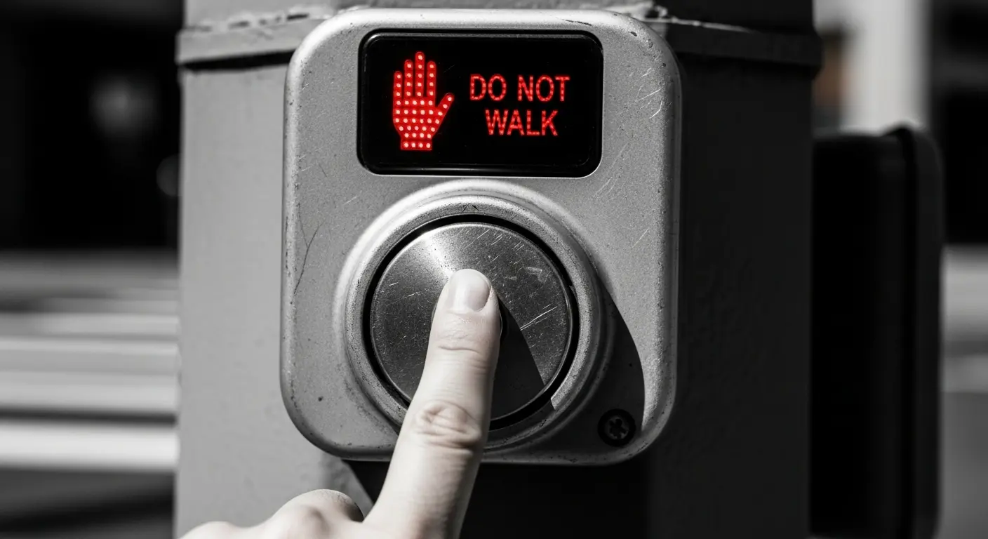 Close-up of a person's finger pressing a metal crosswalk button with a glowing red hand symbol visible above it.