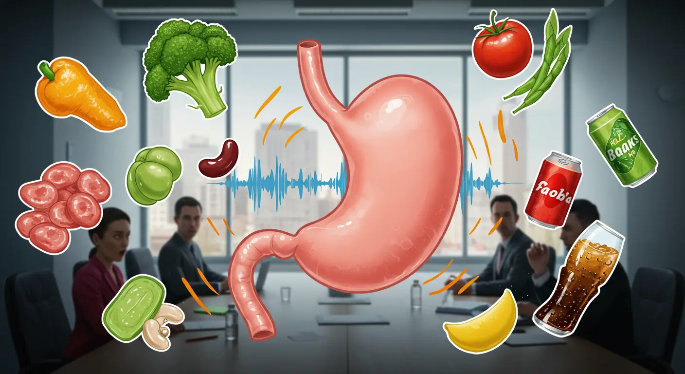 An exaggerated, cartoon illustration of a stomach making loud gurgling noises, with sound waves emanating from it, set against a background of people in a quiet meeting looking startled. Food ingredients known for causing gas are floating around it, like broccoli, beans, and carbonated drinks. The overall style is whimsical and slightly absurd, fitting the satirical tone.