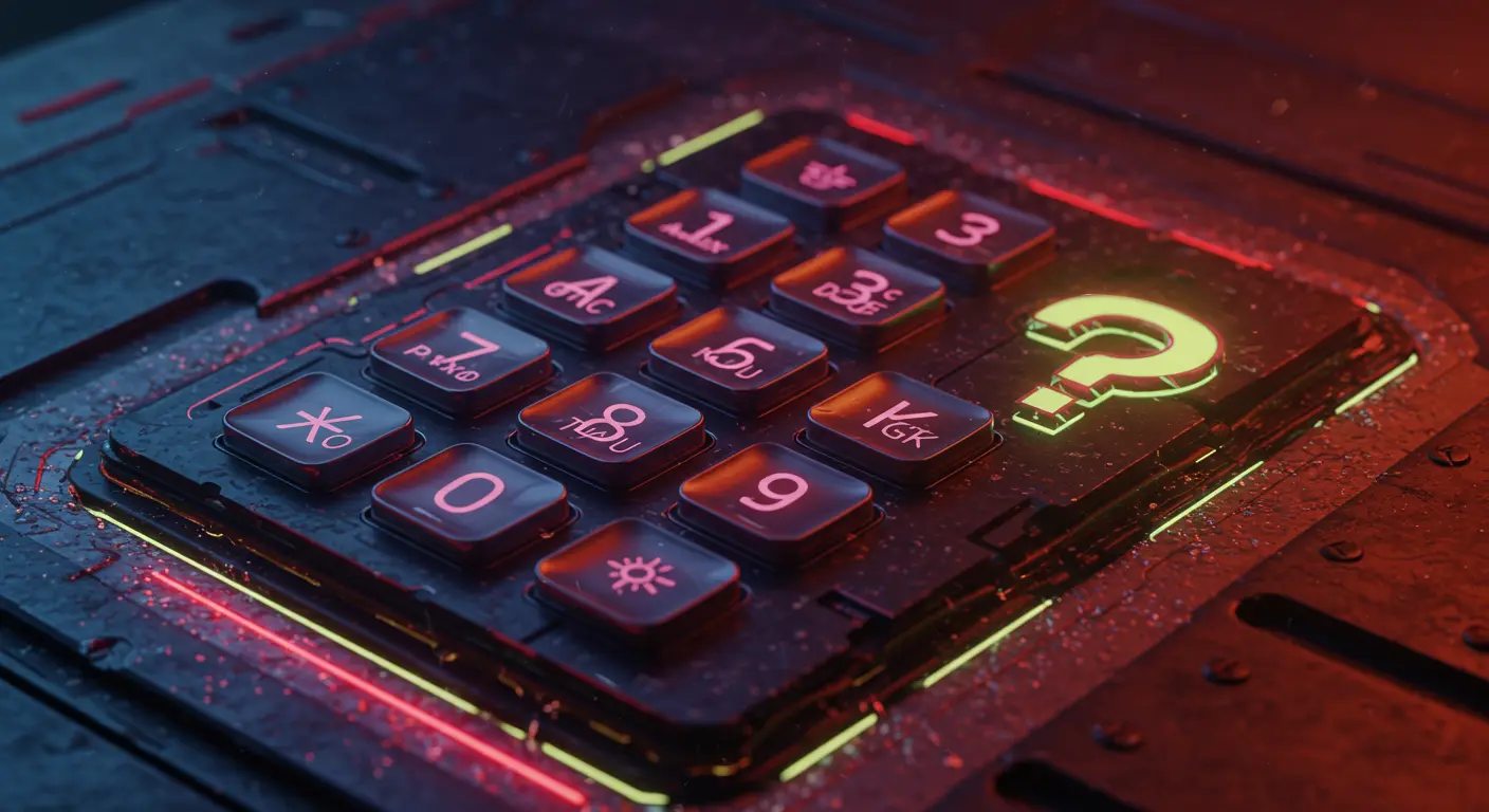 Maze-like phone keypad with jumbled, confusing symbols and a central question mark, symbolizing a complex digital puzzle or security challenge.
